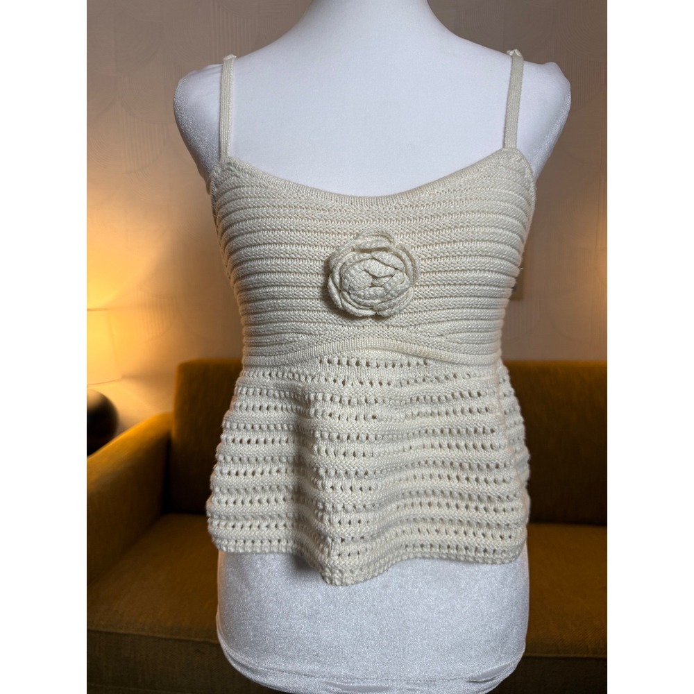 Aeropostale Crochet Knit Camisole Top Ivory Rosette Peplum Boho Tank Medium